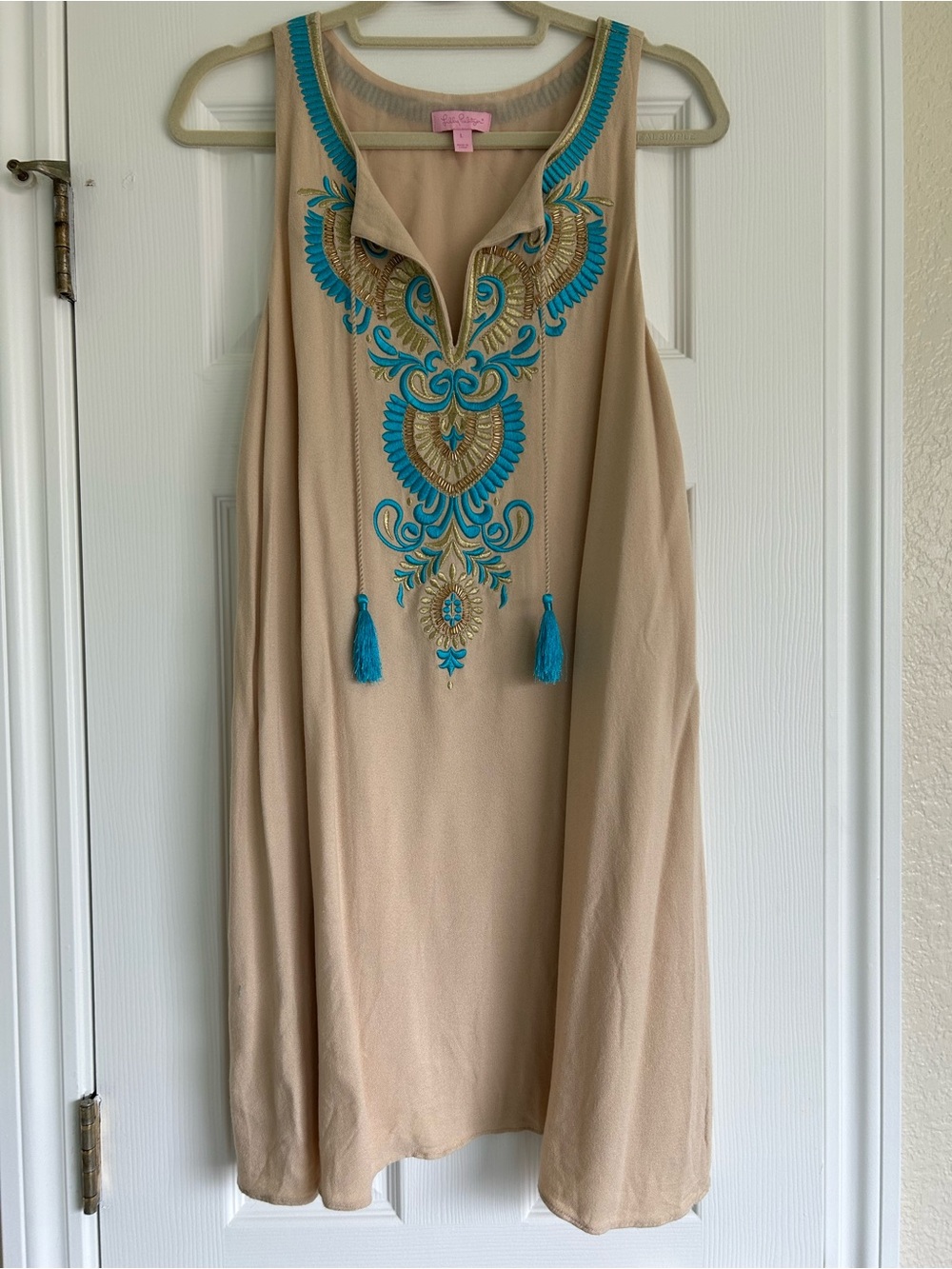 Lilly Pulitzer Aubra Dress with Turquoise and Gold Embroidery, Size L